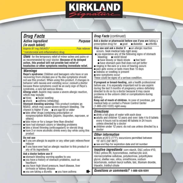 Aspirina 81mg Frasco x 365 Tabletas Kirkland, . - Image 2